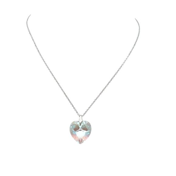 Rivoli Crystal Heart Pendant Necklace, Aurora Borealis Double Point on Silver - Picture 1 of 4